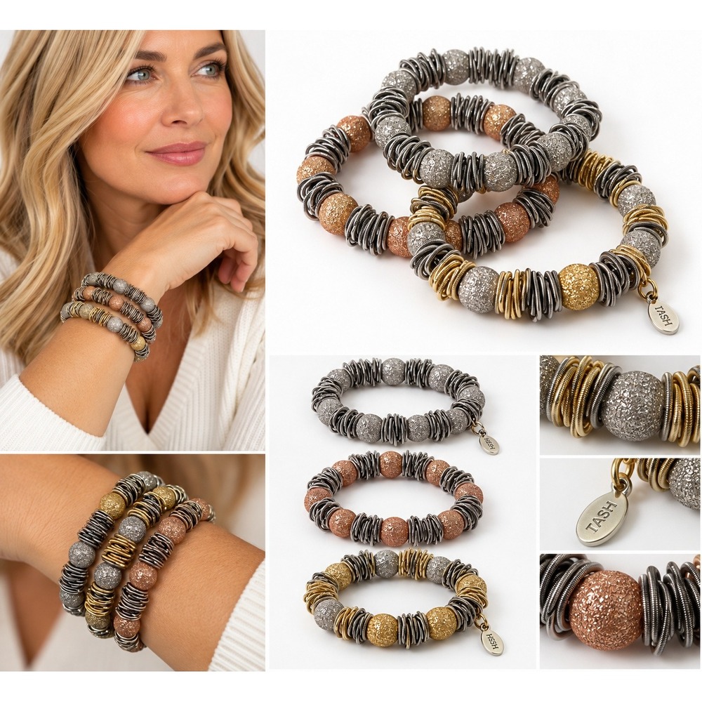 TASH Bracelet Set Womens Gold Silver Rose Gold Beaded Stretch Stack Boho 3PC